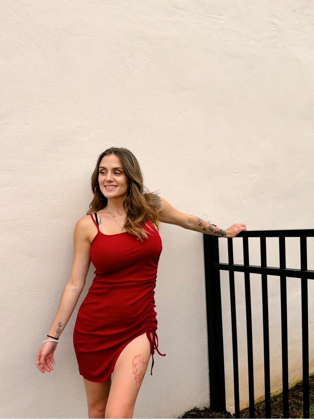 Burgundy Spaghetti Strap Dress with Adjustable Ruched Side Slit